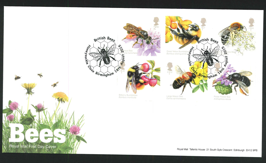 2015 Bees Set First Day Cover, British Bees / Honeysuckle Close Birmingham Postmark - Click Image to Close
